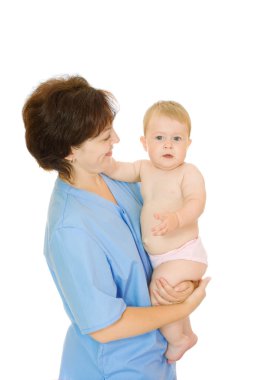 Doctor and small smiling baby isolated