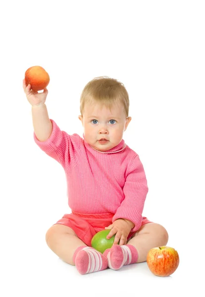 Pequeno bebê com maçãs isoladas — Fotografia de Stock
