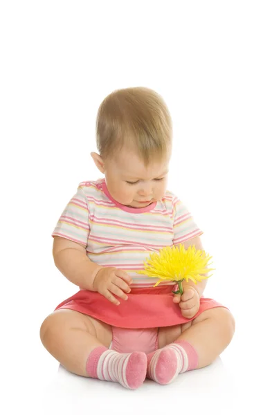 노란색 꽃과 함께 앉아있는 작은 아기 — 스톡 사진