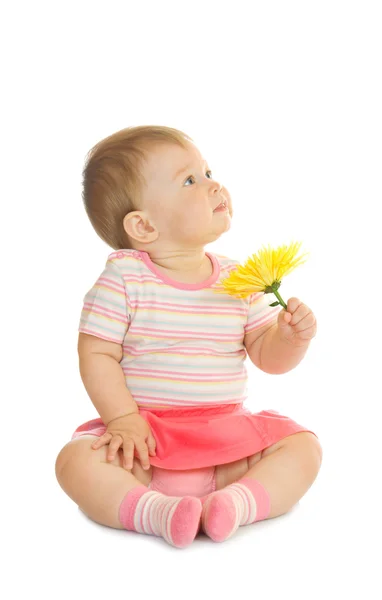 노란색 꽃과 함께 앉아있는 작은 아기 — 스톡 사진