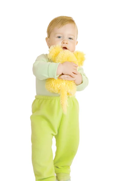 Pequeno bebê ficar com brinquedo do mouse — Fotografia de Stock