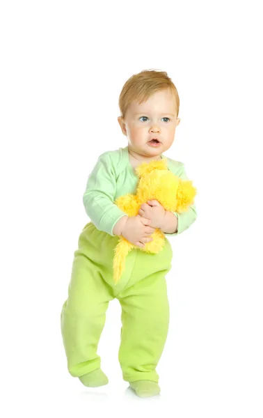 Bebê pequeno com mouse brinquedo isolado — Fotografia de Stock