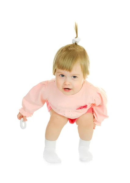 Kleine baby in rode jurk geïsoleerd — Stockfoto
