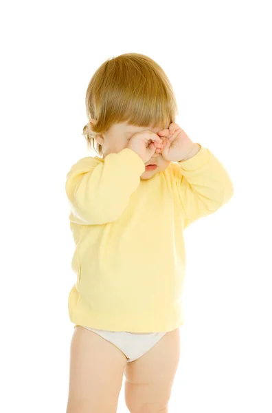 Kleine baby in gele jurk geïsoleerd — Stockfoto