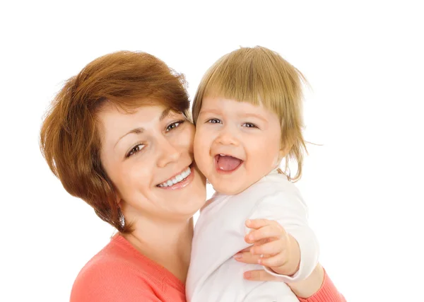 Små skrattande baby i rött med mamma jag — Stockfoto