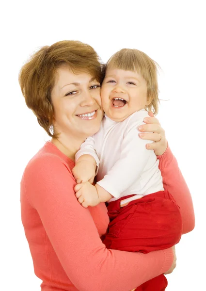 Pequeno bebê rindo em vermelho com a mãe — Fotografia de Stock