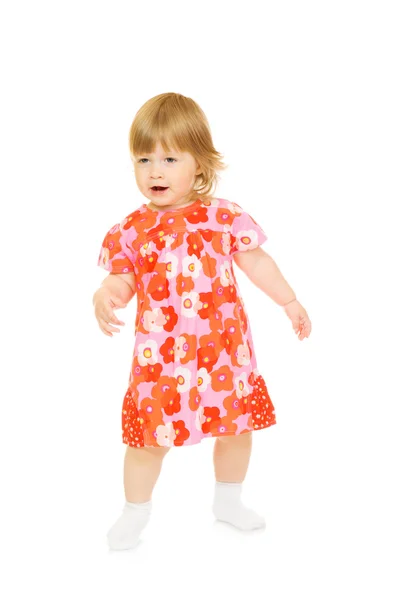 빨간 드레스에 작은 웃는 아기 — 스톡 사진