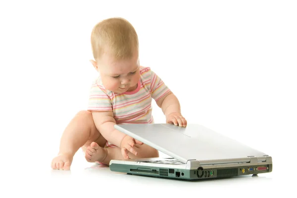 stock image Small baby with laptop