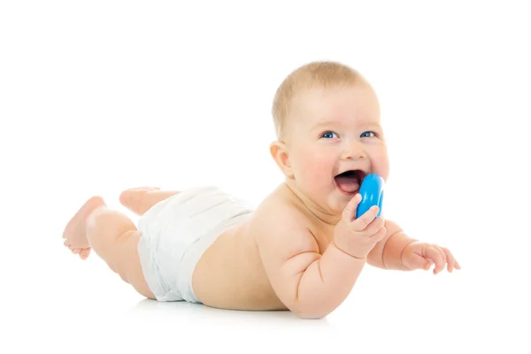 Colocar un bebé pequeño con un juguete aislado —  Fotos de Stock