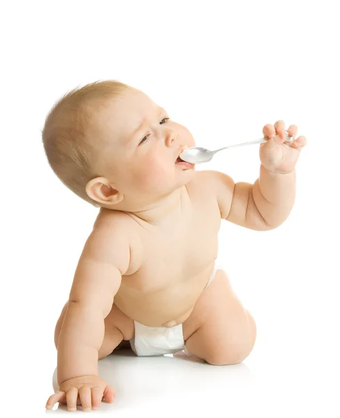 Μικρό μωρό που παίζει με το κουτάλι — Φωτογραφία Αρχείου