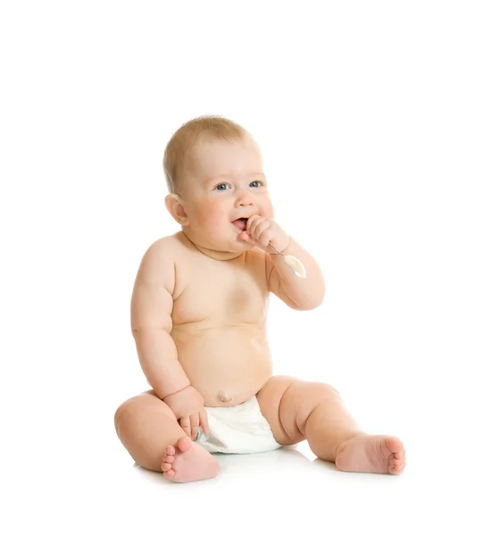 Pequeno bebê brincando com colher # 4 isolado — Fotografia de Stock