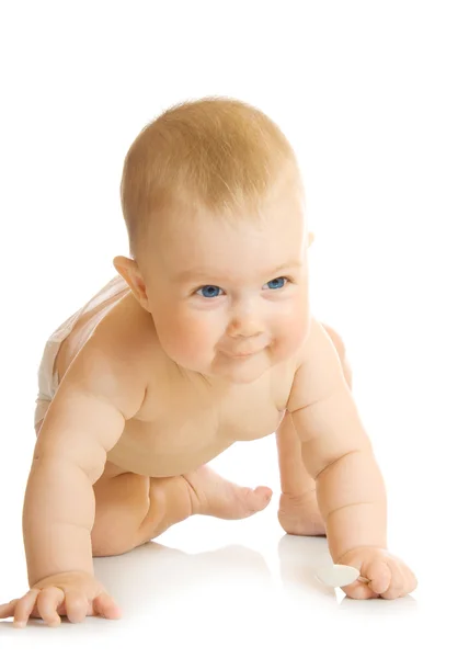 Pequeno bebê brincando com colher # 8 isolado — Fotografia de Stock