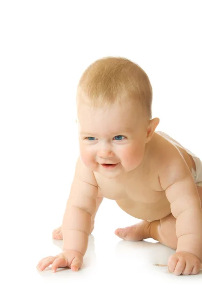 Pequeno bebê brincando com colher # 9 isolado — Fotografia de Stock