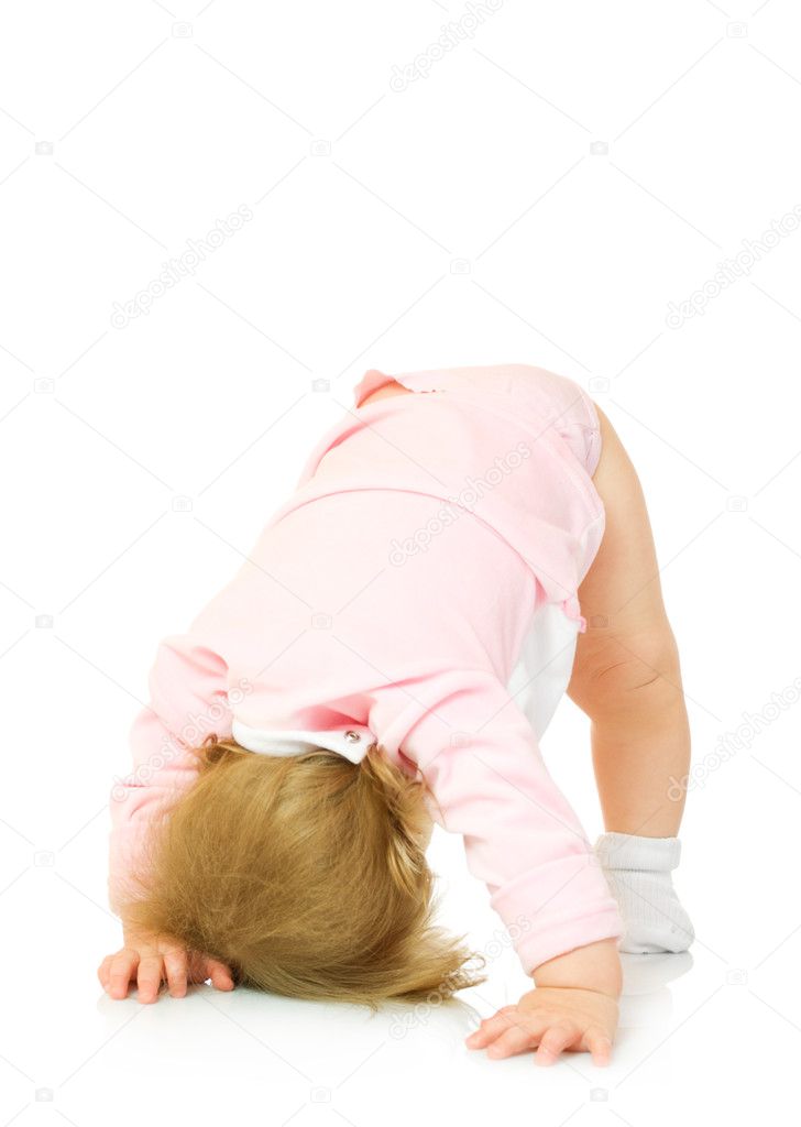 Small girl makes gymnastic exercise isol