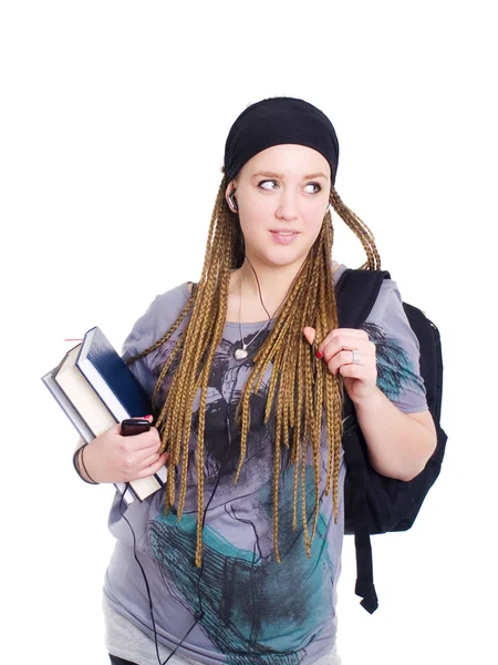 Tonåring student håller ryggsäck, böcker — Stockfoto