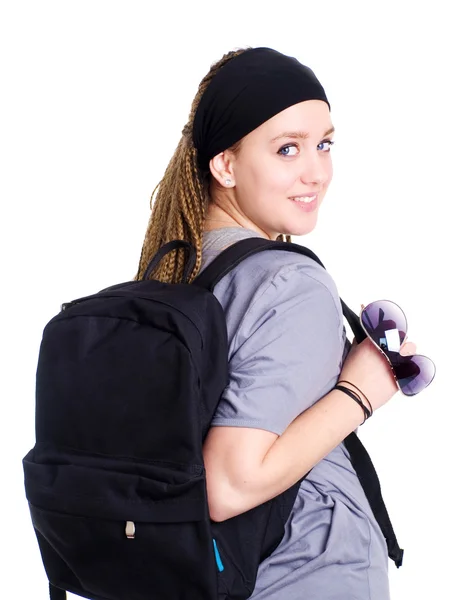 Estudante adolescente segurando mochila e su — Fotografia de Stock