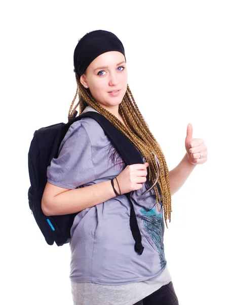 Adolescente estudiante celebración mochila y sh — Foto de Stock