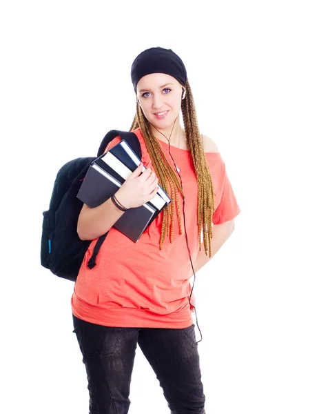 Adolescente estudante segurando mochila e bo — Fotografia de Stock