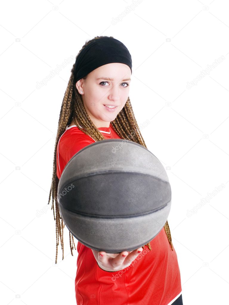 Young sport woman holding ball over whit