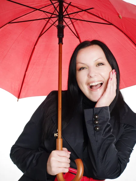 Sorridente donna bruna con ombrello — Foto Stock