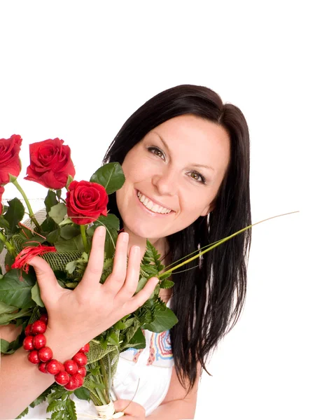 Περιποιημένο γυναίκα με buquet των τριαντάφυλλων — Φωτογραφία Αρχείου