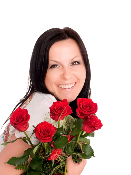 Smiling woman with bouquet of flowers — Stock Photo, Image