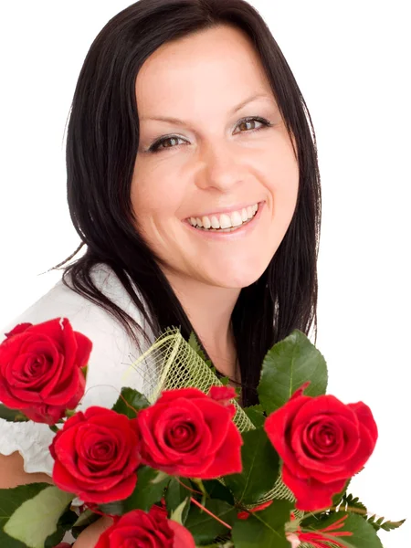 Χαμογελαστή γυναίκα με μπουκέτο λουλούδια — Φωτογραφία Αρχείου