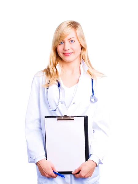 Glimlachend vrouwelijke arts met een stethoscoop h — Stockfoto