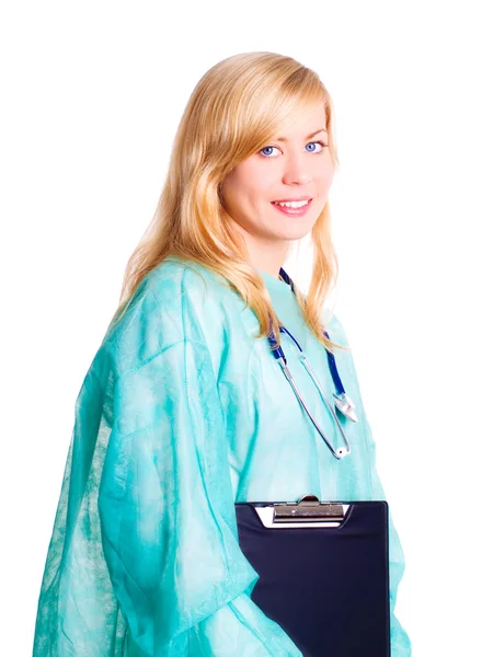 Glimlachend vrouwelijke arts met een stethoscoop h — Stockfoto