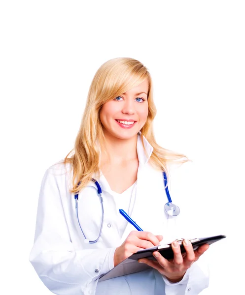 Usměvavá blonďatá samice doktor s stethos — Stock fotografie
