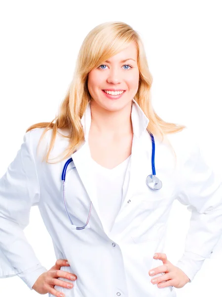Усміхнена блондинка-жінка-лікар зі стетосом — стокове фото
