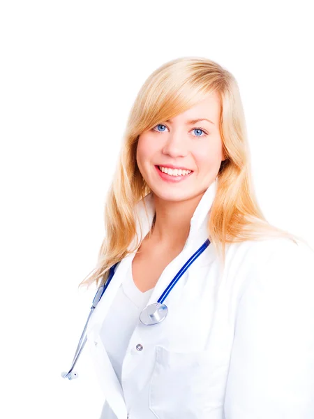 Usměvavá blonďatá samice doktor s stethos — Stock fotografie