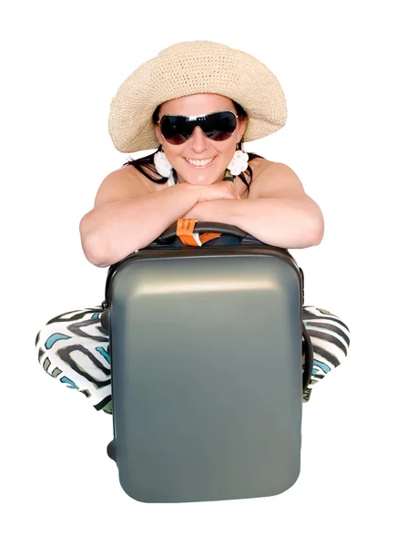 Frau mit Koffer über Weiß — Stockfoto