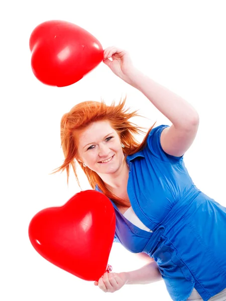 Girl holding two valentine balloon heart — Stock Photo, Image