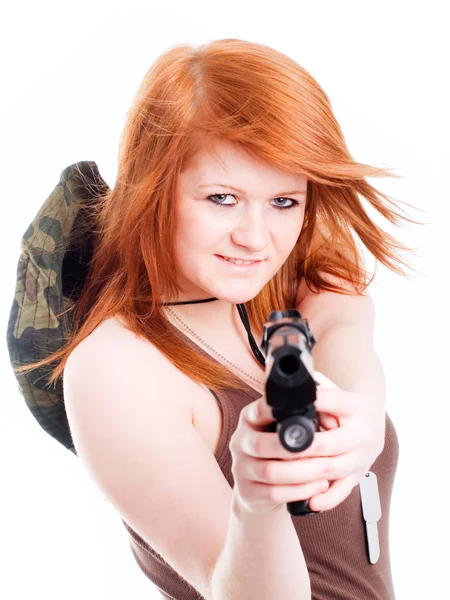 Vermelho guerreiro menina segurando arma sobre branco — Fotografia de Stock