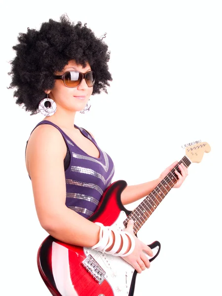 Woman play guitar over white — Stock Photo, Image