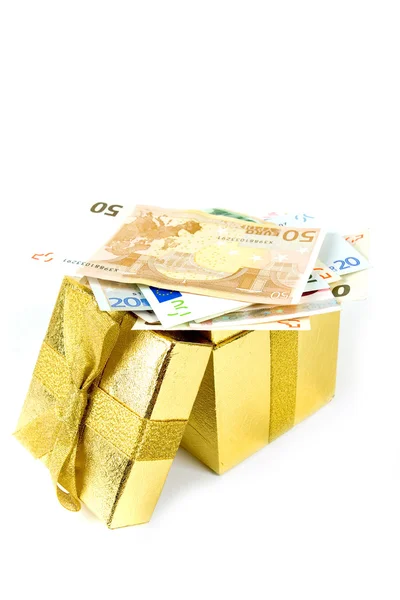 Euro peníze v zlaté krabičky — Stock fotografie
