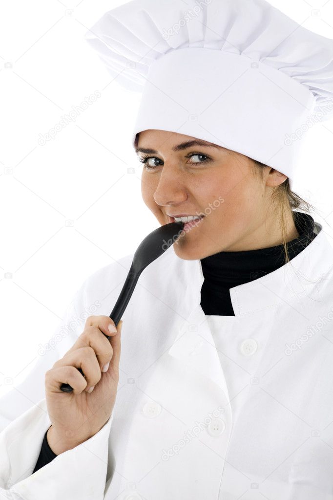 Female cook keeping in mouths spoon — Stock Photo © photomak #2018800
