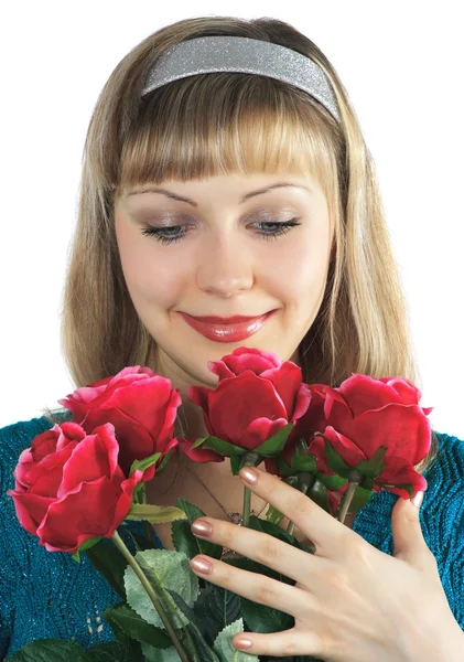 Beautiful girl holds bouquet roses — Stock Photo, Image