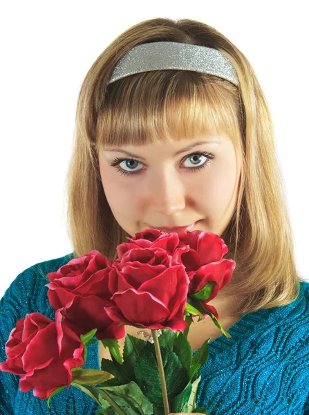 Beautiful woman holds bouquet roses — Stock Photo, Image