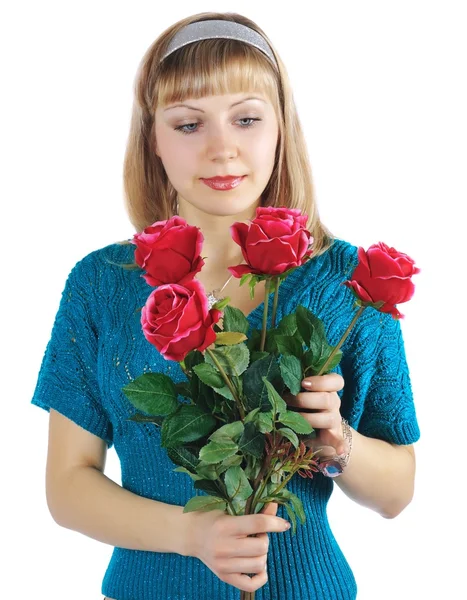 Woman holds bouquet of red roses — Stock Photo, Image
