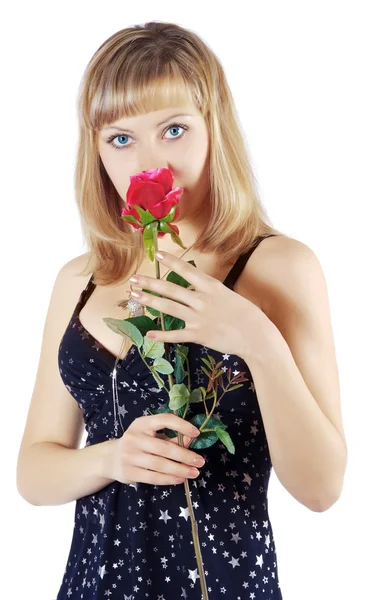 Beautiful woman holds red roses — Stock Photo, Image