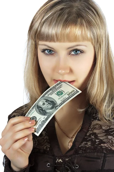 stock image Beautiful woman bites hundred dollar