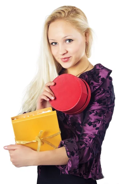 Beautiful woman with gifts — Stock Photo, Image