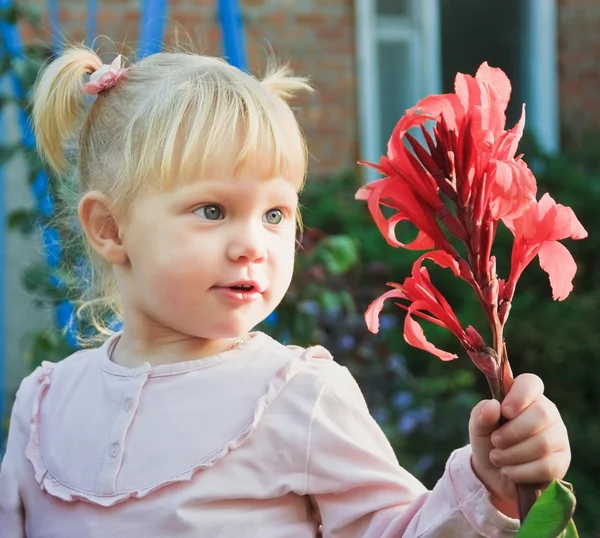 Kleines Mädchen, die Blondine hält eine Blume lizenzfreie Stockbilder