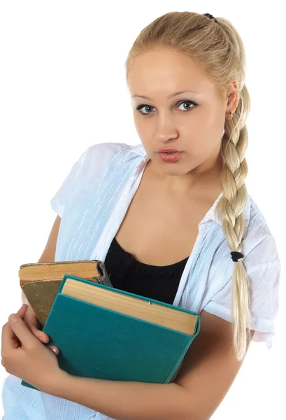 Vacker flicka blondinen innehar böcker — Stockfoto