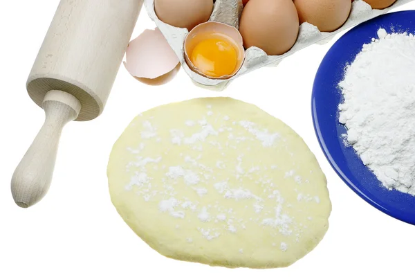 Jajka, ciasto i wałkiem — Zdjęcie stockowe