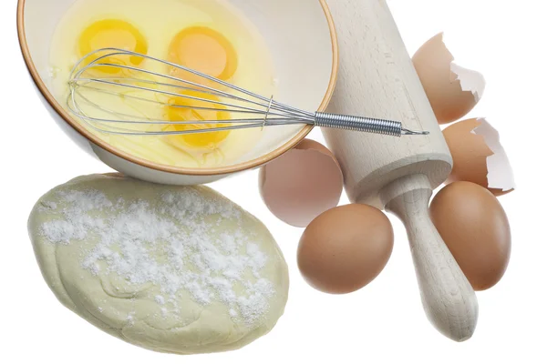 Eieren, deeg en deegroller — Stockfoto