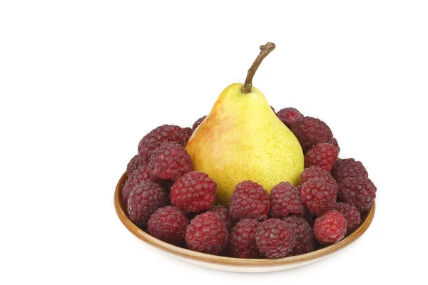 Pear and raspberries — Stock Photo, Image