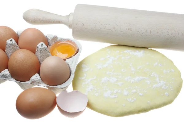 Eieren, deeg en deegroller. — Stockfoto
